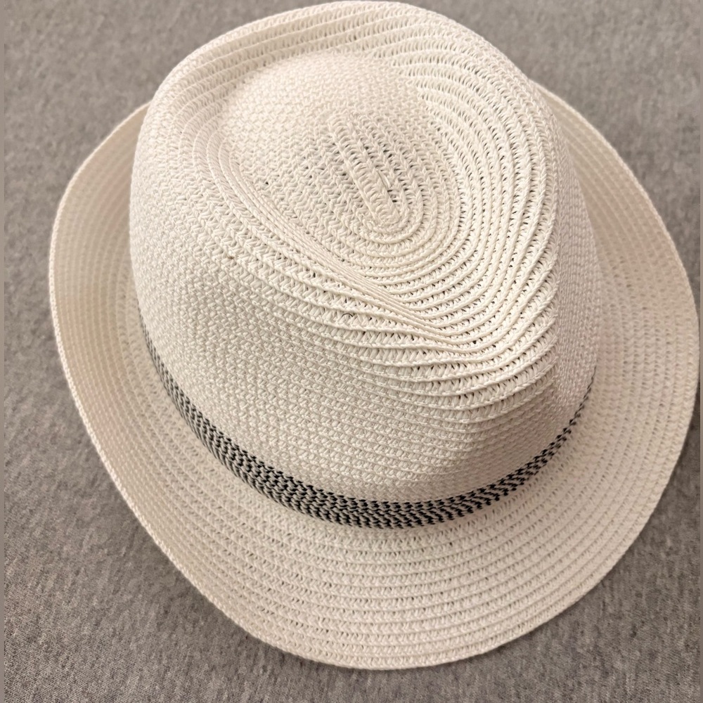 NWT Stylish Cream and Black Pattern Fedora Straw Sun Hat Men’s XL Extra Large